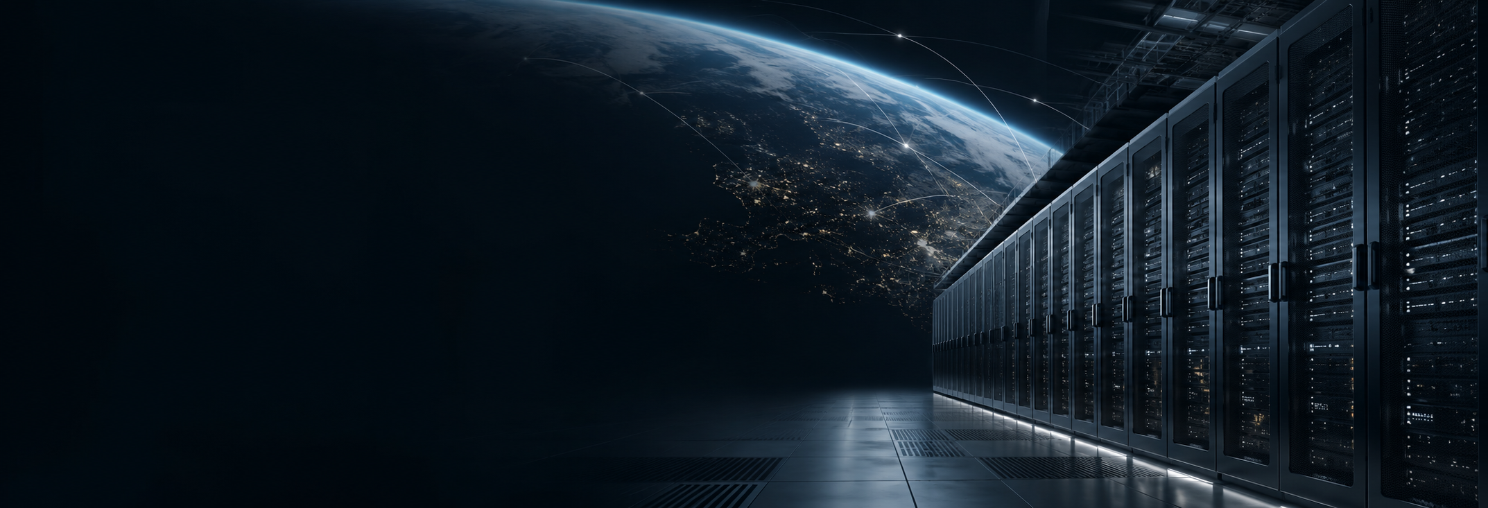 Dark AI data center corridor with earth horizon and infrastructure network lines